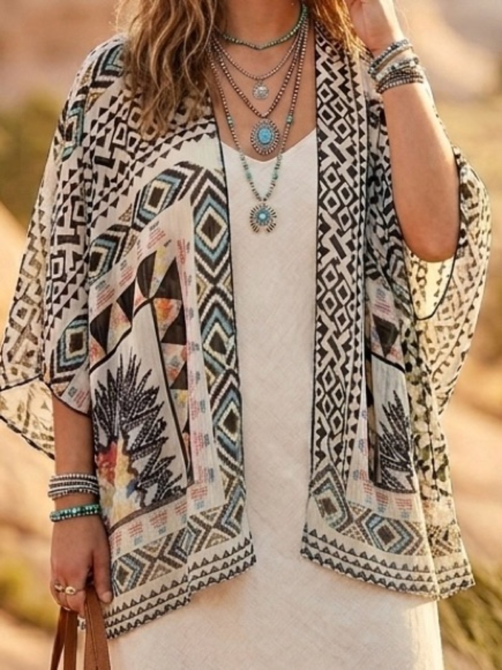 Full Tilt sheer Boho Black & White Geometric Open Cardigan small but oversized